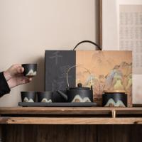 苏氏陶瓷（SUSHI CERAMICS） J0182 手绘彩画茶具提梁茶壶配精美干泡茶盘小茶叶罐7件功夫茶具套装 整套茶具 (单位:套)