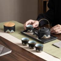 苏氏陶瓷（SUSHI CERAMICS） J0182 手绘彩画茶具提梁茶壶配精美干泡茶盘小茶叶罐7件功夫茶具套装 整套茶具 (单位:套)