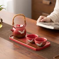 苏氏陶瓷（SUSHI CERAMICS） J0996 国潮宫墙红瑞鹤呈祥功夫茶具窑变自然纹理提梁壶陶瓷托盘礼盒装 整套茶具 (单位:套)