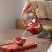 苏氏陶瓷（SUSHI CERAMICS） J0996 国潮宫墙红瑞鹤呈祥功夫茶具窑变自然纹理提梁壶陶瓷托盘礼盒装 整套茶具 (单位:套)