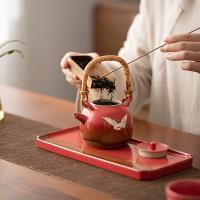 苏氏陶瓷（SUSHI CERAMICS） J0996 国潮宫墙红瑞鹤呈祥功夫茶具窑变自然纹理提梁壶陶瓷托盘礼盒装 整套茶具 (单位:套)