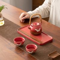 苏氏陶瓷（SUSHI CERAMICS） J0996 国潮宫墙红瑞鹤呈祥功夫茶具窑变自然纹理提梁壶陶瓷托盘礼盒装 整套茶具 (单位:套)