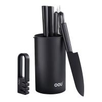 欧欧优（OOU） UC4212 黑刃三代抗菌七件套 砍骨刀290*85mm 菜刀290*62mm 厨师刀305*45mm 水果刀235*28mm 剪刀210*85mm 磨刀器160*37mm 刀架235*130mm 黑色 (单位:套)