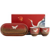 苏氏陶瓷（SUSHI CERAMICS） 瑞鹤呈祥 陶瓷托盘对杯礼盒装 瑞鹤圆禧杯100ml*2 瑞鹤干泡盘*1（单位：套）故宫朱砂红