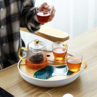 苏氏陶瓷（SUSHI CERAMICS） J0271 创意茶盘茶具套装配玻璃锤纹泡茶壶带四个手柄茶杯 茶壶260ml，茶杯120ml*4，圆盘25.4*4.4cm (单位:套)