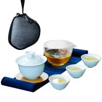 苏氏陶瓷（SUSHI CERAMICS） J0201 旅行功夫茶具套装山闻竹影青瓷快客杯子户外车载便携包陶瓷茶具 茶杯40ml*3，玻璃公杯250ml，盖碗150ml (单位:套)