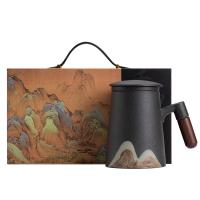 苏氏陶瓷（SUSHI CERAMICS） 手绘釉画彩千里江山 高升办公杯 陶瓷杯 460ml 曜石黑（单位：盒）
