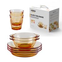 艾逸瑶选 CJ-21133 铂萃系列高硼硅玻璃餐具7件套A 5.5寸双耳碗*2+7寸盘*3+270ML九棱杯*2 琥珀色 新旧包装随机发货 (单位:套)