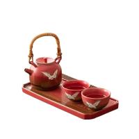 苏氏陶瓷（SUSHI CERAMICS）国潮宫墙红瑞鹤呈祥 窑变自然纹理提梁壶茶具套装 4件套礼盒装（提梁壶230ml+品茗杯80ml*2个+干泡盘）（单位：盒）