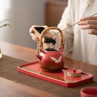 苏氏陶瓷（SUSHI CERAMICS）国潮宫墙红瑞鹤呈祥 窑变自然纹理提梁壶茶具套装 4件套礼盒装（提梁壶230ml+品茗杯80ml*2个+干泡盘）（单位：盒）