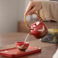 苏氏陶瓷（SUSHI CERAMICS）国潮宫墙红瑞鹤呈祥 窑变自然纹理提梁壶茶具套装 4件套礼盒装（提梁壶230ml+品茗杯80ml*2个+干泡盘）（单位：盒）
