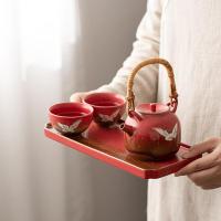 苏氏陶瓷（SUSHI CERAMICS）国潮宫墙红瑞鹤呈祥 窑变自然纹理提梁壶茶具套装 4件套礼盒装（提梁壶230ml+品茗杯80ml*2个+干泡盘）（单位：盒）