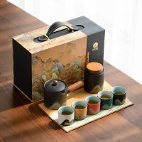 苏氏陶瓷（SUSHI CERAMICS） 手绘釉画彩千里江山8件套 品茗杯60ml*5 茶叶罐200ml 侧把壶230ml 茶巾28.5cm*18cm （单位：套）