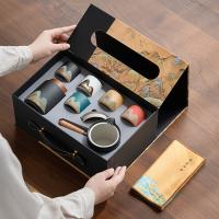 苏氏陶瓷（SUSHI CERAMICS） 手绘釉画彩千里江山8件套 品茗杯60ml*5 茶叶罐200ml 侧把壶230ml 茶巾28.5cm*18cm （单位：套）