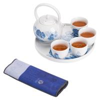 苏氏陶瓷（SUSHI CERAMICS） 仿古国潮青花万重山茶具5件套 提梁壶300ml+干泡盘20cm+品茗杯80ml*4+彩绘双层茶巾28.5cm （单位：套）中国白