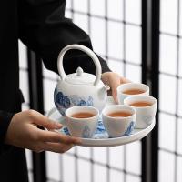 苏氏陶瓷（SUSHI CERAMICS） 仿古国潮青花万重山茶具5件套 提梁壶300ml+干泡盘20cm+品茗杯80ml*4+彩绘双层茶巾28.5cm （单位：套）中国白