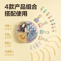 得力（deli）8500办公组合套装长尾票夹10只+回形针100只+乳胶圈12g+工字钉50只φ100*48mm （单位：盒）混色